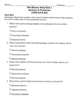 Preview of The Human Body Systems & Functions Test