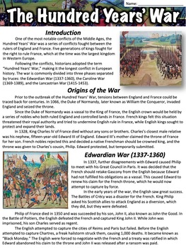 Preview of The Hundred Years' War Worksheet