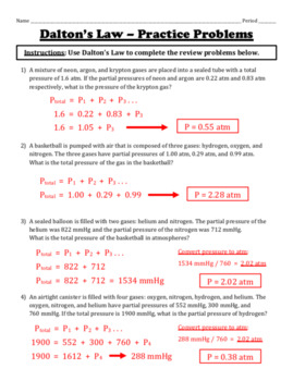 Dalton #39 s Law Of Partial Pressure Worksheet Answers
