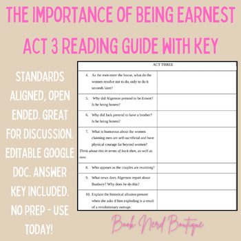 Preview of The Importance of Being Earnest Act 3 Reading Guide and Answer Key