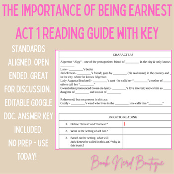 Preview of The Importance of Being Earnest (Wilde) Act 1 Reading Guide & Answer Key