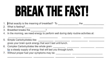 Preview of The Importance of Eating Break+Fast Notes