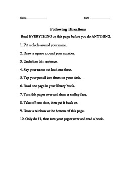 The Importance of Reading Directions Student Worksheet | TpT