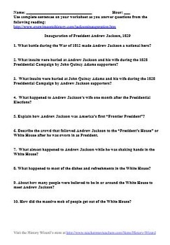 The Inauguration Of President Andrew Jackson Primary Source Worksheet