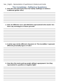 Preview of The Incredibles - Representation/Reflective worksheet (Year 7/8/9 English)