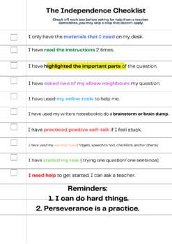 Preview of The Independence Checklist- Self Starting Tool for Junior Students