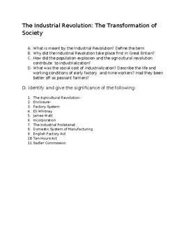 Preview of The Industrial Revoution: The Transformation of Society STudy Guide