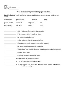 Preview of The Interlopers by Saki Figurative Language Worksheet & KEY