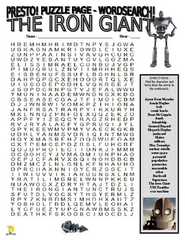 Preview of The Iron Giant Puzzle Pages (wordsearch / criss cross grid / writing / key)