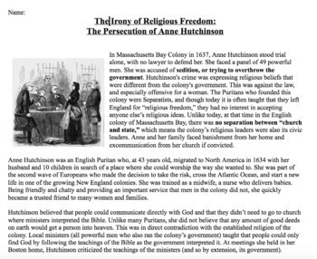 Preview of The Irony of Religious Freedom: The Persecution of Anne Hutchinson