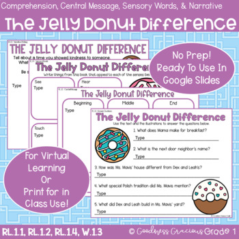 Preview of The Jelly Donut Difference Retell, Comp, Writing, & Sensory Words