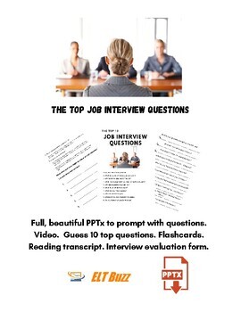 Preview of The Job Interview. Preparation. Questions. PPTx. Video. Flashcards. Prompts.