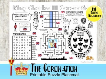 Preview of King Charles III Coronation Puzzle Activity Sheet, Printable Puzzles Placemat