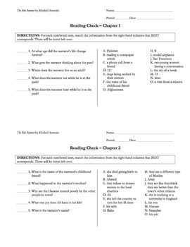 Preview of The Kite Runner Chapter Reading Quizzes with Answer Keys