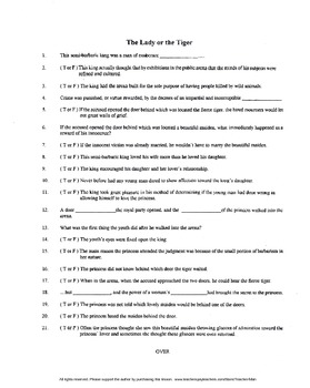 Preview of The Lady or the Tiger by Frank Stockton Complete Guided Reading Worksheet