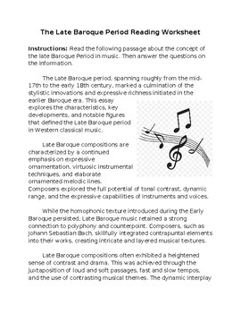 Preview of The Late Baroque Period in Music Reading Worksheet **Editable**
