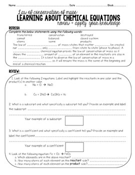 Preview of The Law of Conservation of Mass Review and Apply Practice Worksheet