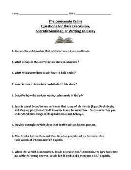 Preview of The Lemonade Crime: Questions for Class Discussion, Essays, or Quizzes