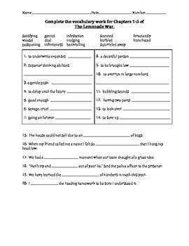 The Lemonade War Chapter 1-3 Test with Vocabulary Freebie! | TpT