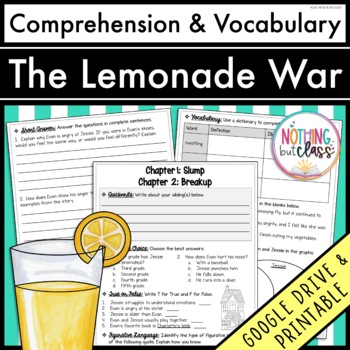 Preview of The Lemonade War | Comprehension Questions and Vocabulary by chapter