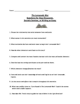 Preview of The Lemonade War: Questions for Class Discussions, Essays, or Short Answer Tests