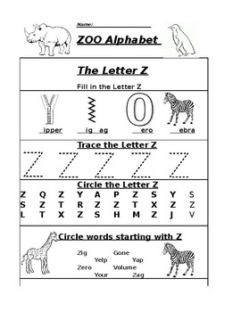 The Letter Z Alphabet Zoo Worksheet by Pointer Education | TpT