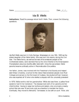 The Life of Ida B. Wells Reading Comprehension and History Worksheet