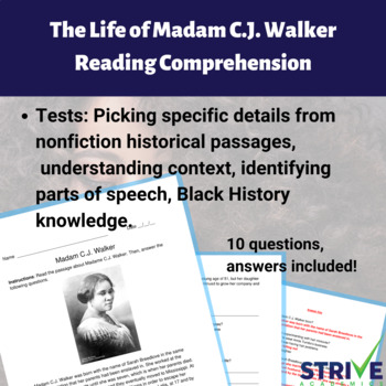 Preview of The Life of Madam C.J. Walker Reading Comprehension and Black History Worksheet