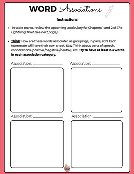 Preview of The Lightning Thief_Word Associations Activity_Chapters 1 & 2 (Vocabulary)