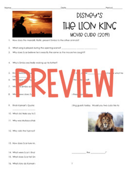 The Lion King 2019 Movie Guide 35 Questions Answer Key Character Guide