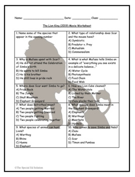 The Lion King (2019) Movie Worksheet by The Special Ed Solution
