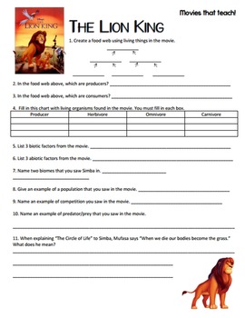 The Lion King Ecology Research Project and Movie Guide Worksheet