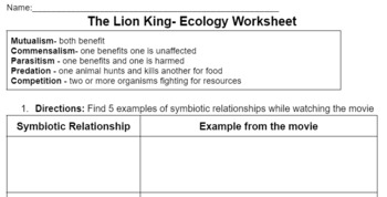 The Lion King Ecology Worksheet by LeadWithPositivity TPT