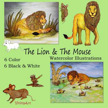 Preview of The Lion and The Mouse Watercolor Illustration clipart Aesop's Fables