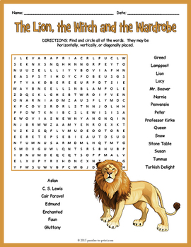 The Lion, the Witch and the Wardrobe Word Search Puzzle by Puzzles to Print