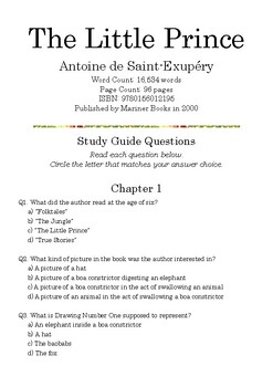 Preview of The Little Prince by Antoine de Saint-Exupéry; Multiple-Choice Study Guide Quiz