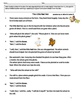 The Little Red Hen Reading Comprehension Assessment | TpT