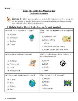 Preview of The Local Community - Mapping Quiz :Grade 1 Social Studies