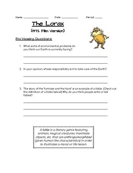 Preview of The Lorax (1972 film version) Class Discussion Questions