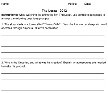 Preview of The Lorax 2012 Movie Questions and Word Search