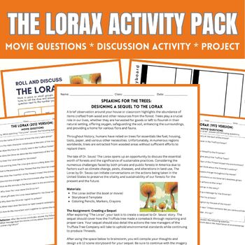 Preview of The Lorax Activity Pack | Movie Guided Questions, Discussion Activity, Project