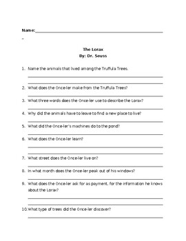 Preview of The Lorax Reading Discussion Questions