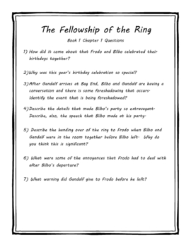The Fellowship of the Ring Quizzes - Books 1-2, Chapters 1-12 with Answer  Key
