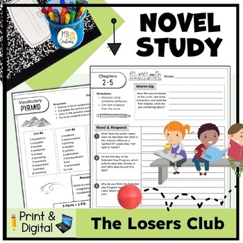 Preview of The Losers Club Andrew Clements Novel Study, Comprehension Questions, & Projects