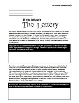 Preview of "The Lottery" by Shirley Jackson with high-level bloom questions included.