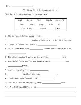 Preview of The Magic School Bus Gets Lost in Space Worksheet