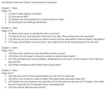 Preview of The Martian Classroom Edition Pacing Guide and Comprehension Questions