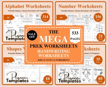 Preview of The Mega Design Bundle: Preschool Handwriting Worksheets 50 Topics, 533 Pages