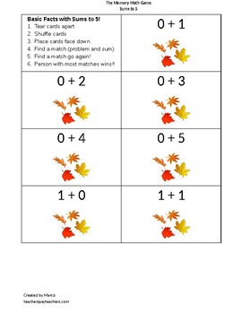 Preview of The Memory Math Game - Basic Facts Sums to 5