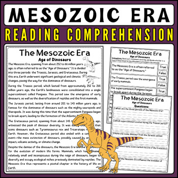 Preview of The Mesozoic Era Engaging Nonfiction Reading Passage and Quiz, Dinosaur Day Read